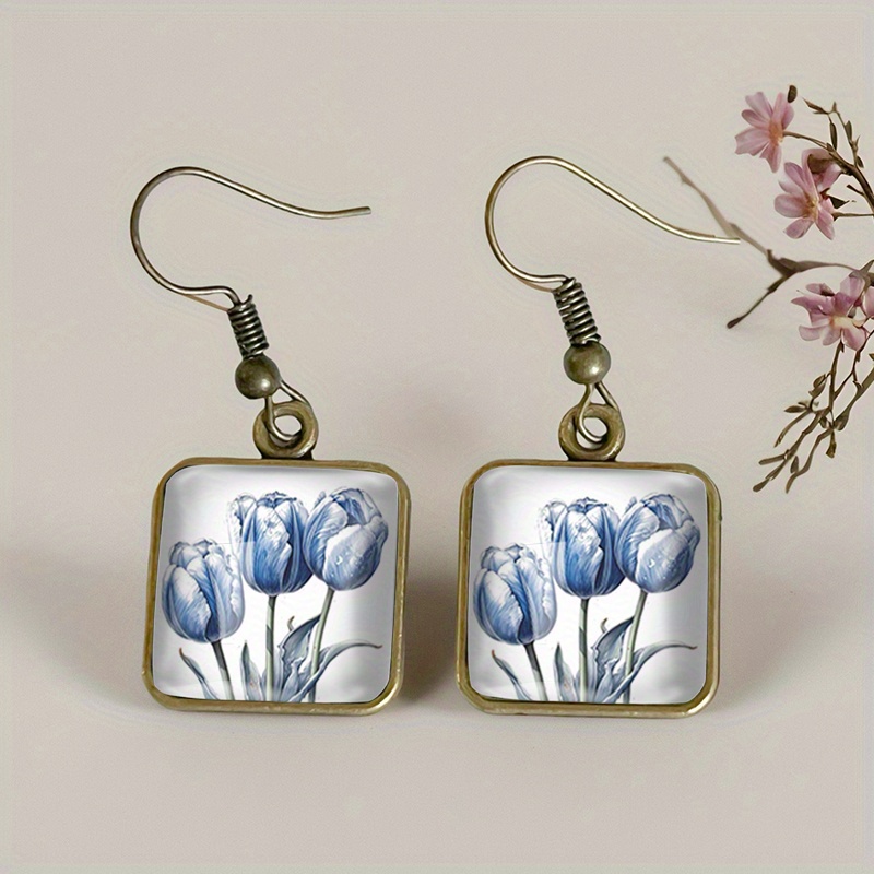 Women's Blue Tulip Square Dangle Earrings, Handmade Gift